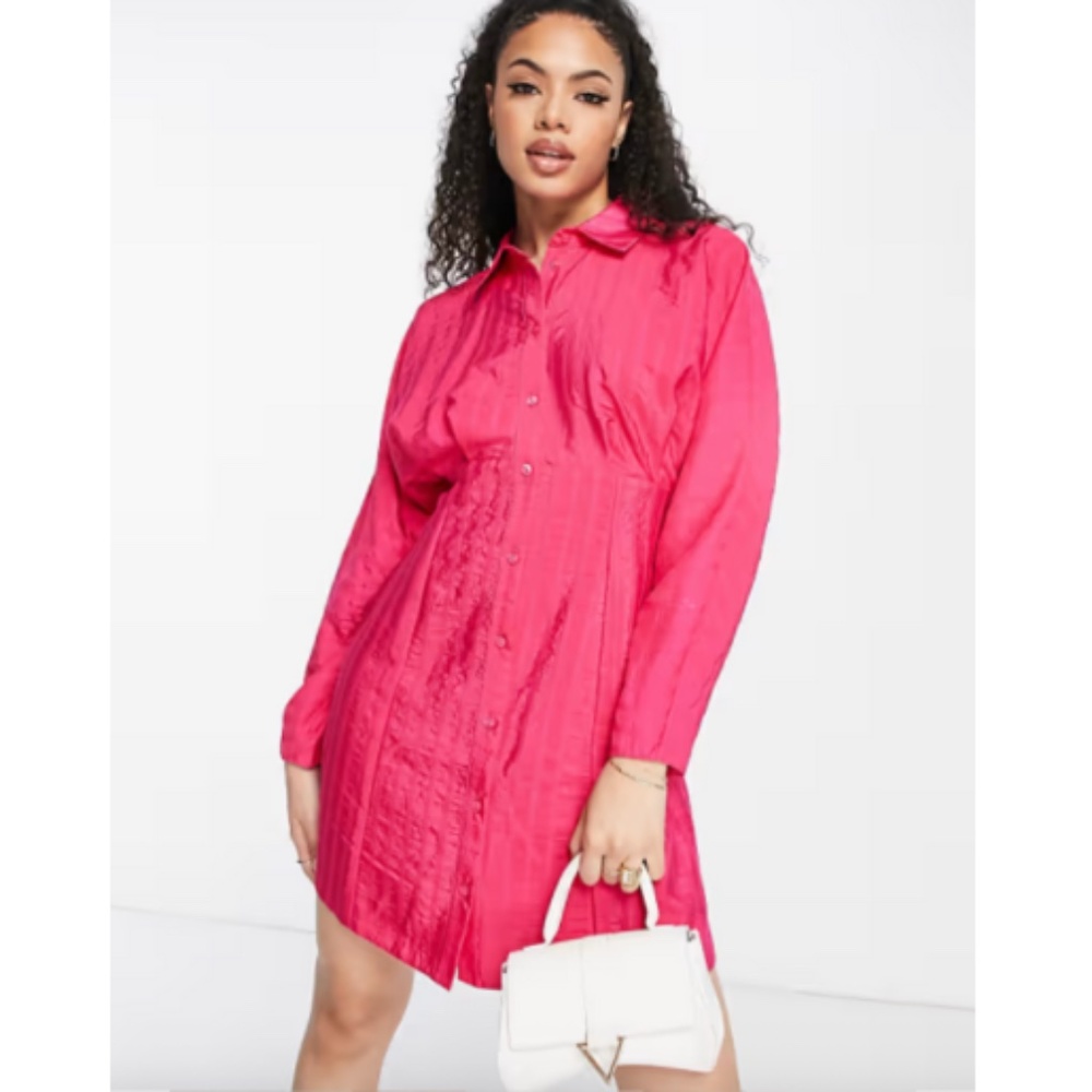 ASOS DESIGN texture stripe volume sleeve mini shirt dress in hot pink - NWT